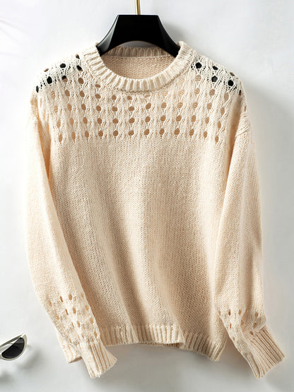 Long Sleeves Loose Hollow Solid Color Split-Joint Round-Neck Pullovers Sweater Tops