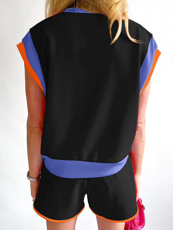 Loose Short Sleeves Contrast Color Split-Joint Round-Neck T-Shirt Top + Elasticity Pockets Shorts Bottom Two Pieces Set