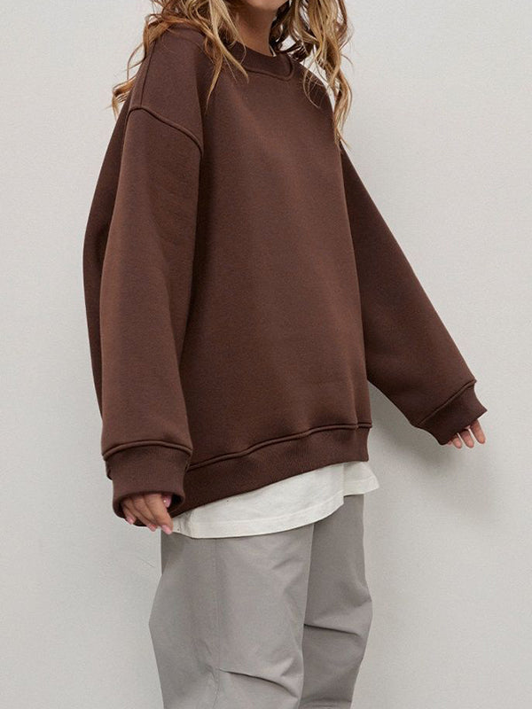 Long Sleeves Loose Solid Color Round-Neck Sweatshirt Tops