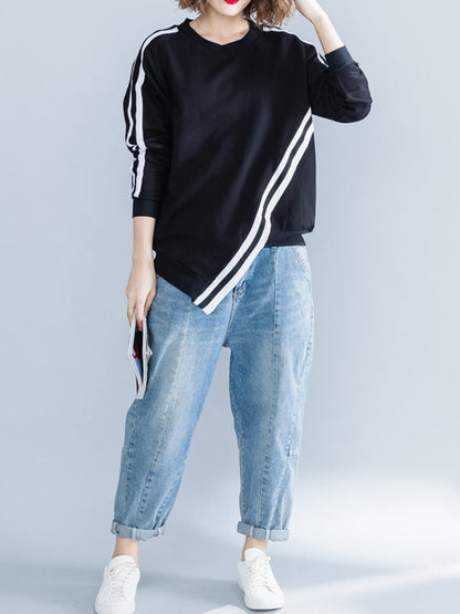 Cropped Long Sleeves Striped Round-Neck Hoodies&Sweatshirt