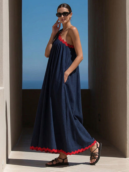 A-Line Loose Pleated Pockets Split-Joint Tied One-Shoulder Maxi Dresses