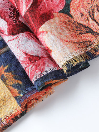 Floral Printed Fringed Shawl&Scarf