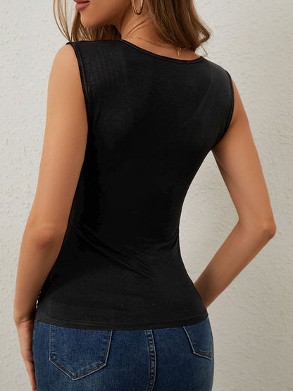 Skinny Sleeveless Pleated Rhine Stones Split-Joint Deep V-Neck Vest Top