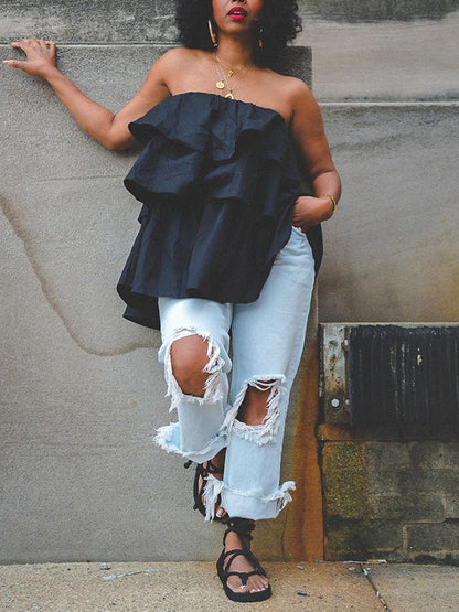 A-Line Loose Elasticity Layered Ruffled Solid Color Tube Vest Top