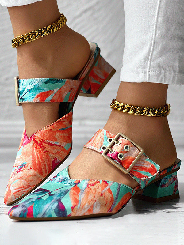 Belt Buckle Floral Printed Pointed-Toe Split-Joint Pumps Sandals