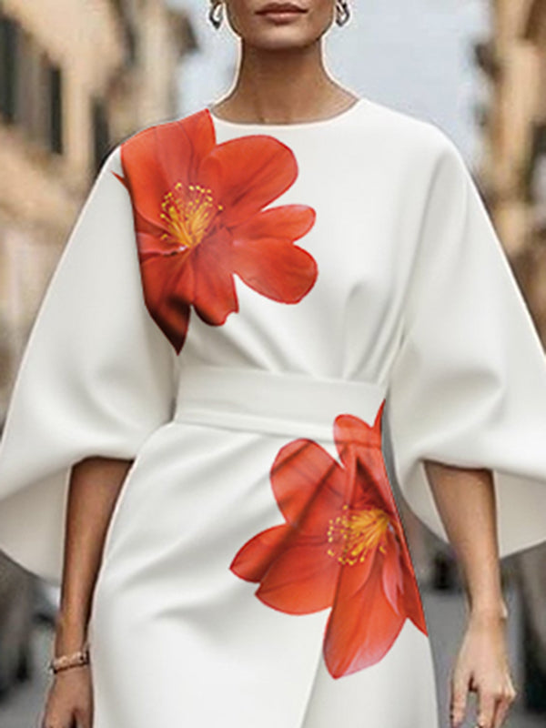 Three-Quarter Sleeves Asymmetric Floral Printed Split-Joint Round-Neck Midi Dresses