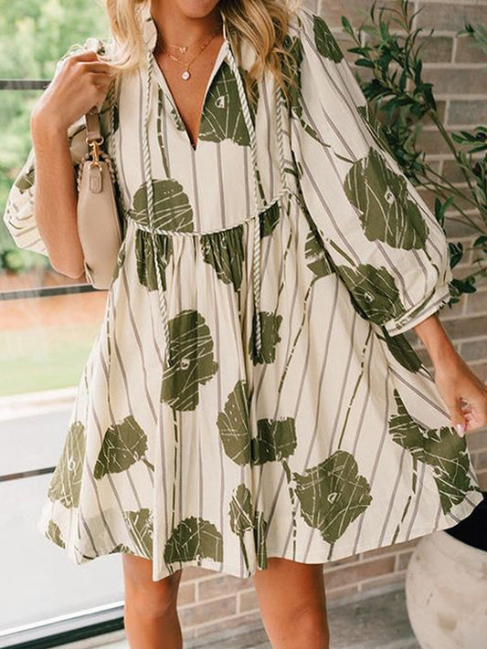 High Waisted Long Sleeves Printed Tied V-Neck Mini Dresses