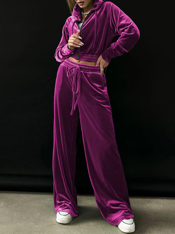 Solid Color Long Sleeves Hooded Outerwear + Straight Leg Pants Trousers Two Pieces Set