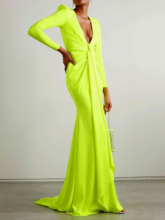 Long Sleeves Skinny Solid Color Tasseled Zipper V-Neck Maxi Evening Dresses