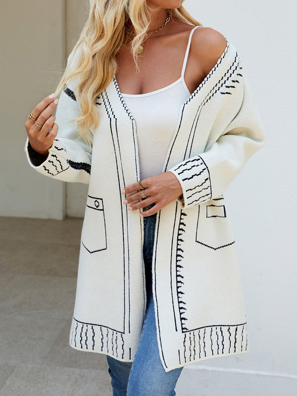 Long Sleeves Loose Jacquard Split-Joint V-Neck Cardigan Tops