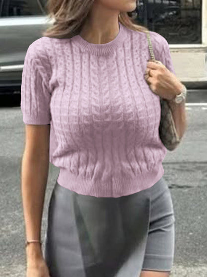 Short Sleeves Solid Color Split-Joint Round-neck Pullovers Sweater Tops