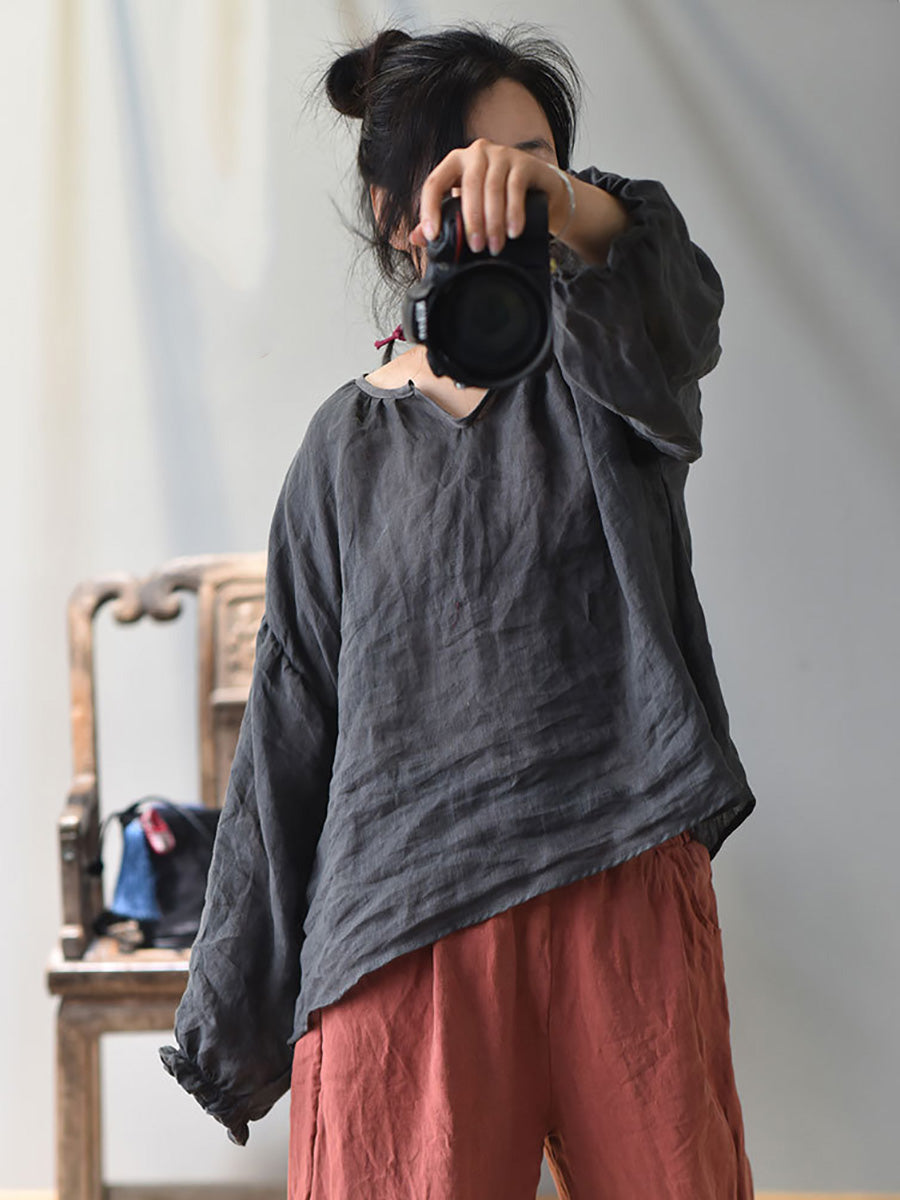 Plus Size Women Spring Retro V-Neck Puff Sleeve Shirt