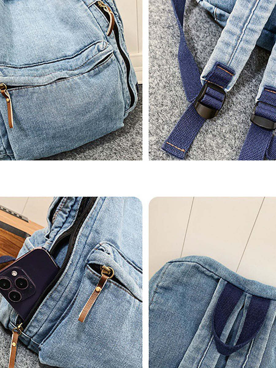 Women Casual Solid Large Capacity School Denim Backpack