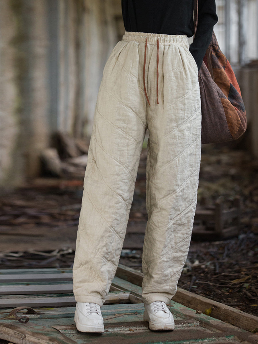 Women Winter Solid Spliced Ramie Padded Harem Pants