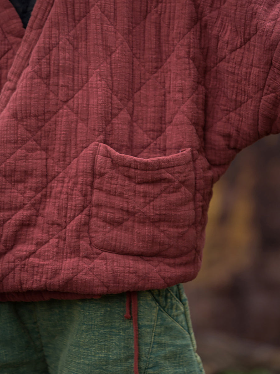 Women Winter Artsy Pure Color V-Neck Padded Coat