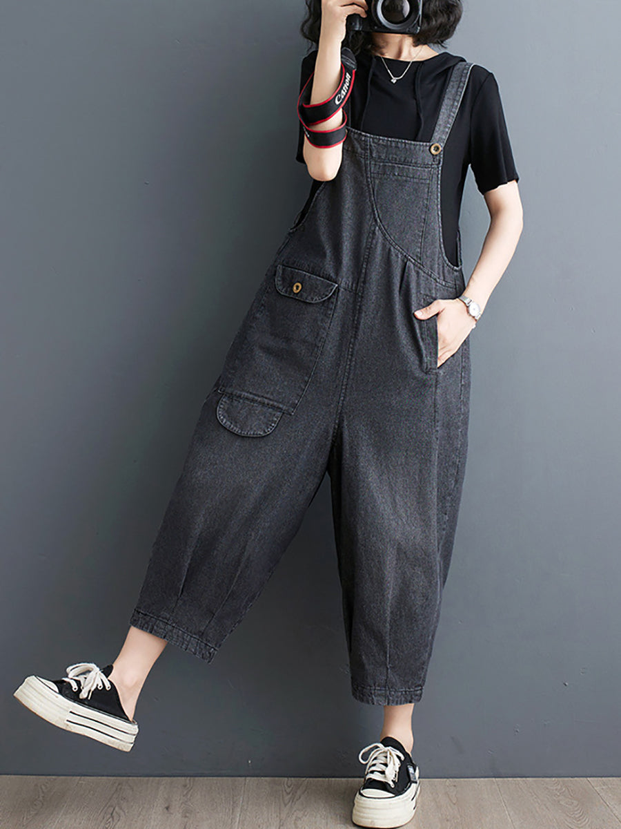 Plus Size Women Summer Solid Casual Loose Denim Jumpsuits