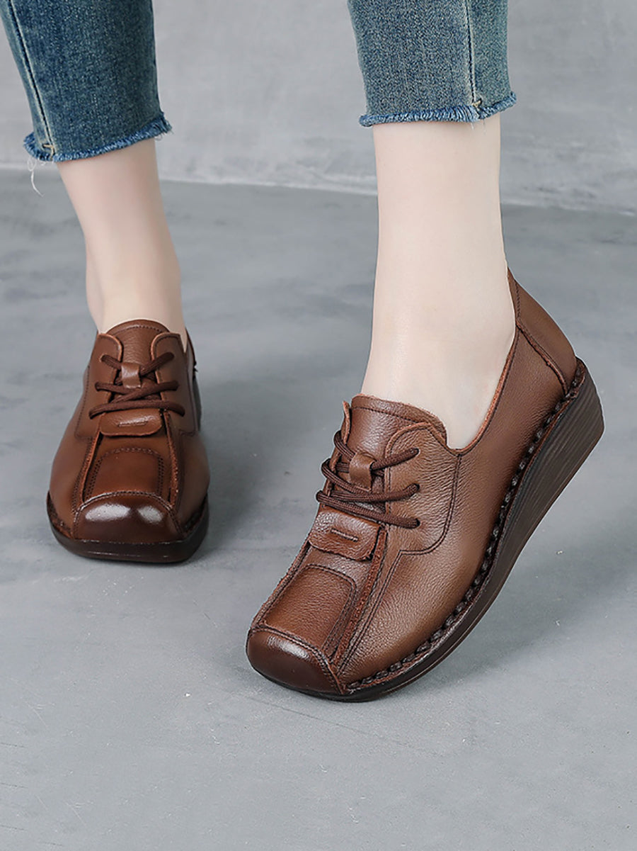 Women Vintage Genuine Leather Hollow Out Platform Shoes