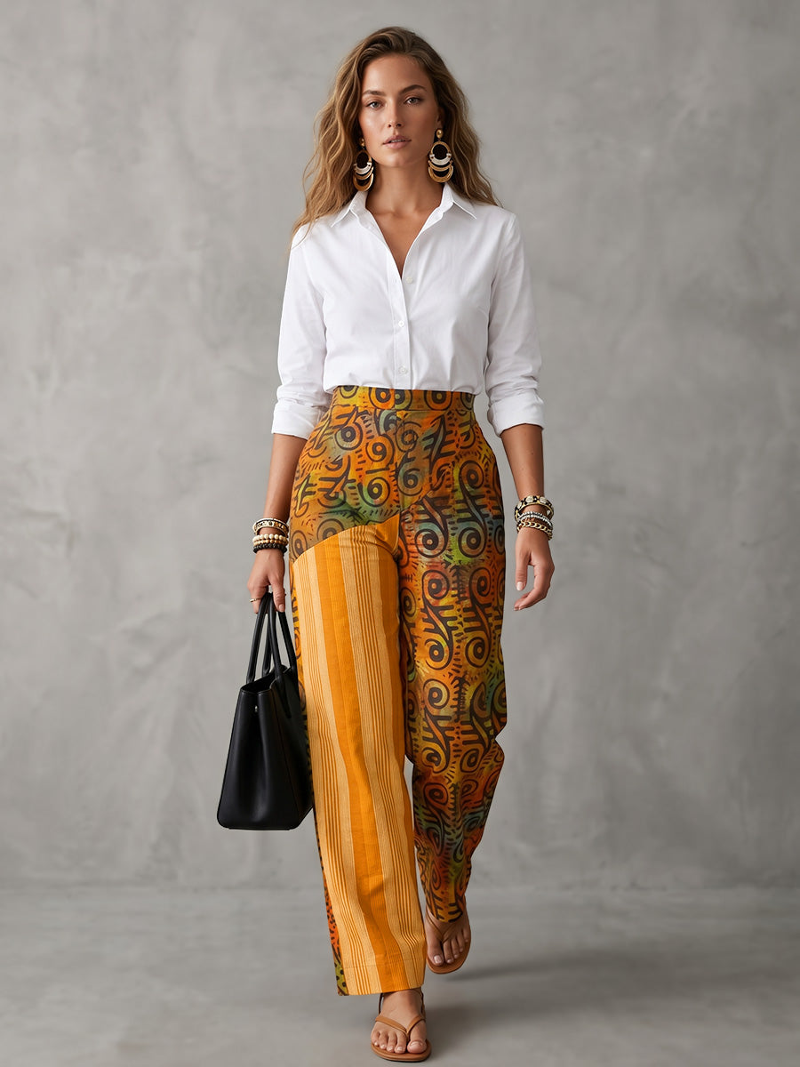 High Waisted Loose Contrast Color Pockets Printed Pants Trousers