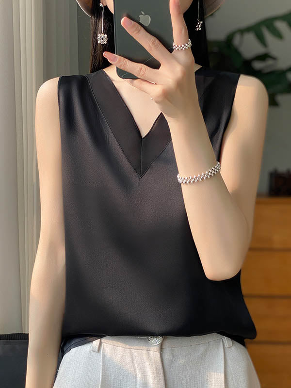 Loose Sleeveless Solid Color V-Neck Vest Top
