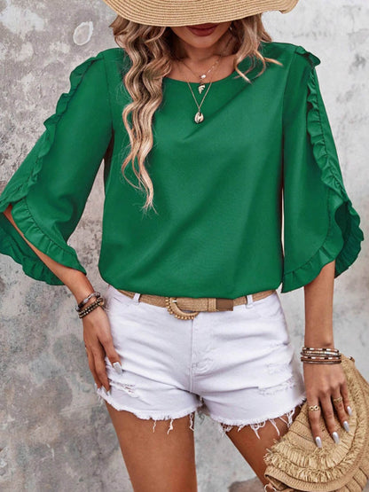 Batwing Sleeves Long Sleeves Ruffled Solid Color Split-Joint Round-Neck Blouses&Shirts Tops