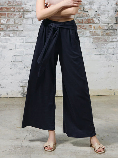 Loose Wide Leg Elasticity Solid Color Tied Waist Pants Trousers