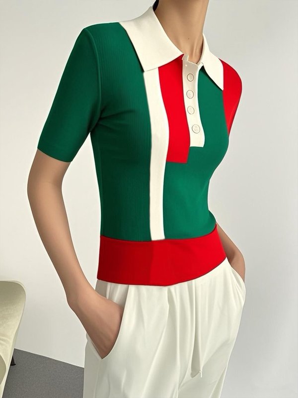 Short Sleeves Skinny Buttoned Contrast Color Lapel Polo-Style T-Shirts Tops