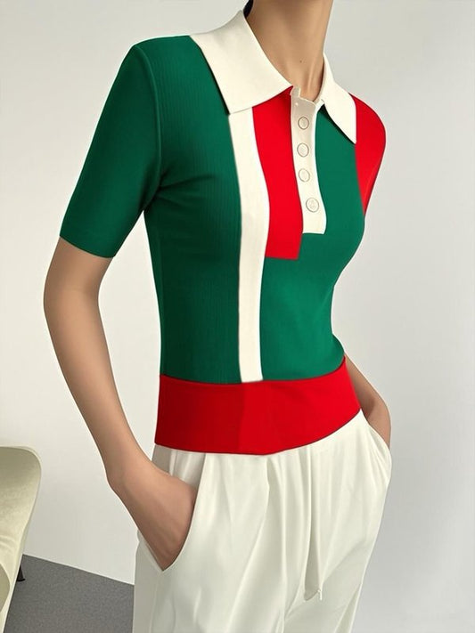 Short Sleeves Skinny Buttoned Contrast Color Lapel Polo-Style T-Shirts Tops