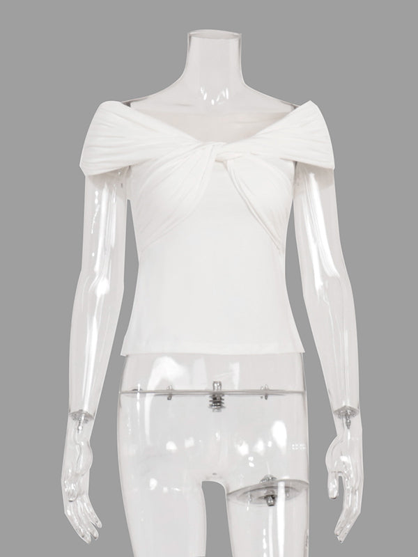Short Sleeves Skinny Knot Pleated Solid Color Boat Neck T-Shirts Tops