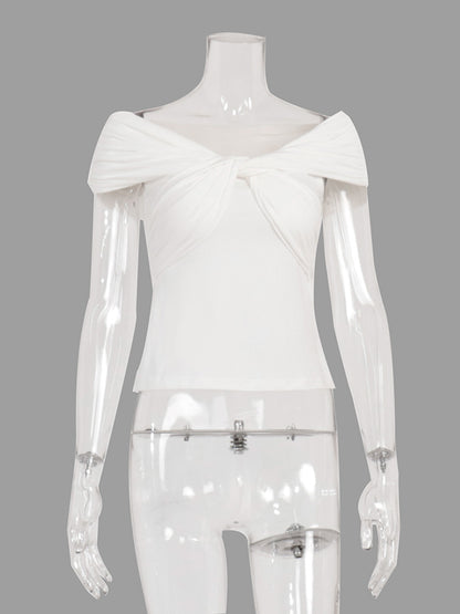 Short Sleeves Skinny Knot Pleated Solid Color Boat Neck T-Shirts Tops