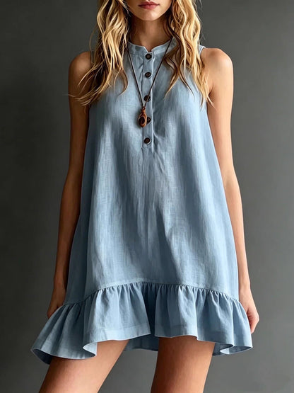 A-Line Loose Buttoned Pleated Solid Color Round-Neck Mini Dresses