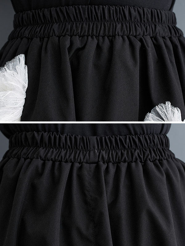 Loose Flower-Embellished Elastics Solid Color Skirts Bottoms
