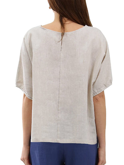 Loose Puff Sleeves Hollow Solid Color Split-Joint Round-Neck T-Shirts