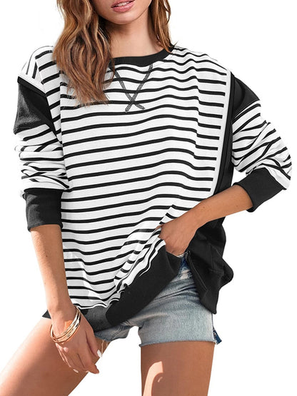 Long Sleeves Loose Split-Joint Striped Round-Neck T-Shirts