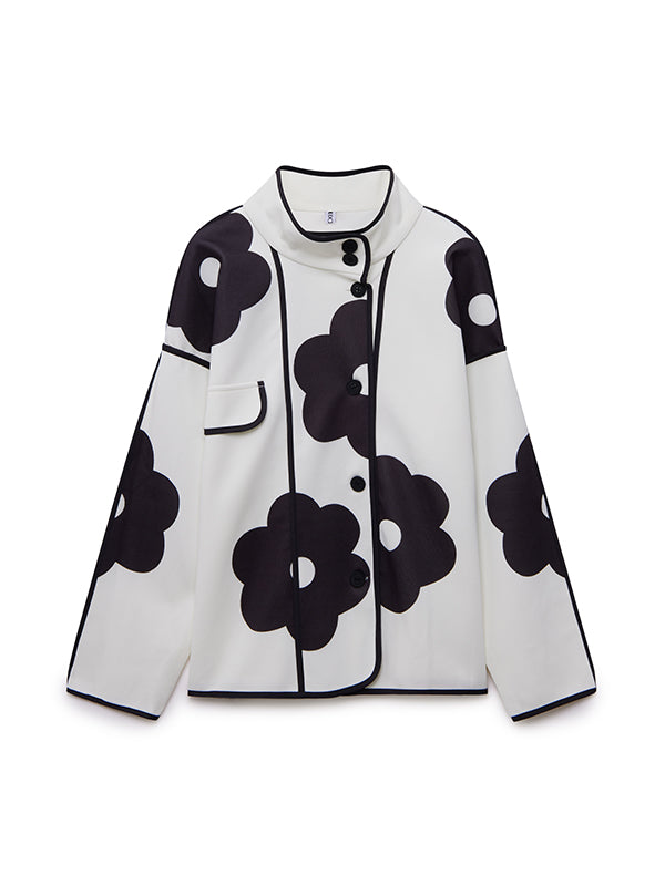 Long Sleeves Loose Contrast Color Flower Print Split-Joint Stand Collar Jackets Outerwear