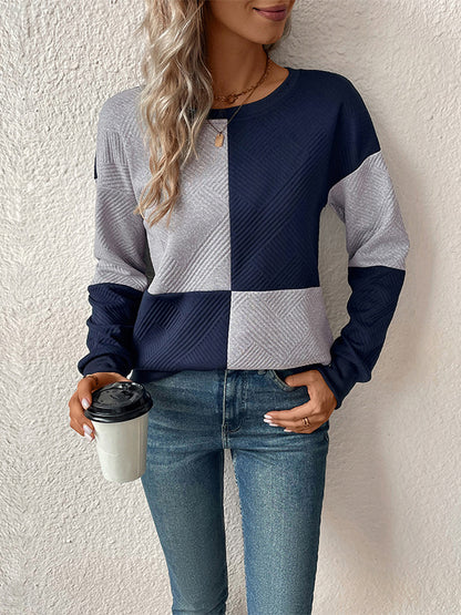 Long Sleeves Loose Contrast Color Split-Joint Round-Neck Sweatshirt Tops