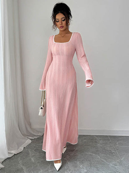 A-Line Bodycon Ribbed Knit Split-Joint Square-Neck Maxi Dresses