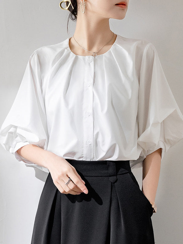 Half Sleeves Loose Buttoned Pleated Solid Color Round-Neck Blouses&Shirts Tops