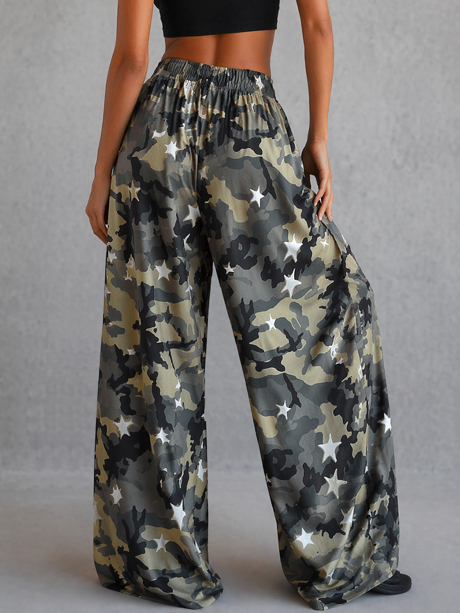 Printed Pockets Elasticity Contrast Color Camouflage Wide Leg Loose Trousers Pants
