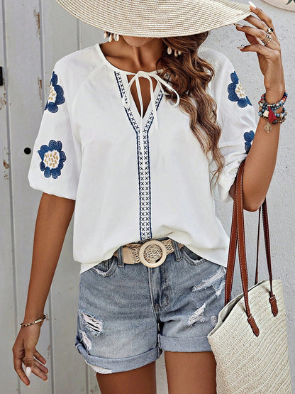 Half Sleeves Loose Contrast Color Embroidered Tied V-Neck Blouses&Shirts Tops