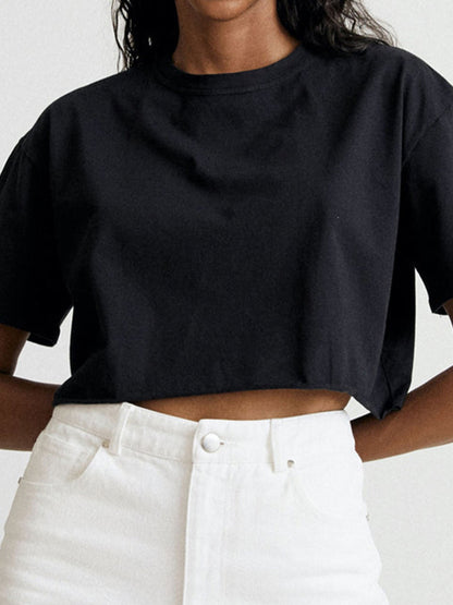 Loose Short Sleeves Solid Color Round-Neck T-Shirts Tops