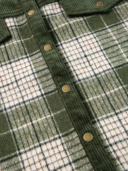 Long Sleeves Loose Buttoned Contrast Color Plaid Split-Joint Lapel Outerwear