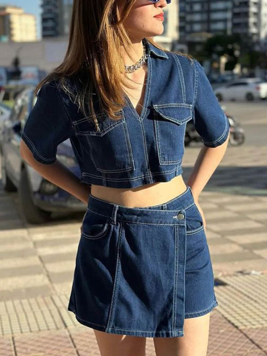 Lapel Short Sleeves Cropped Blouses&Shirts Tops + Buttoned Pockets Asymmetric Denim Shorts Two Pieces Set