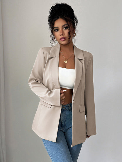 Long Sleeves Loose Buttoned Pockets Solid Color Notched Collar Blazer Outerwear