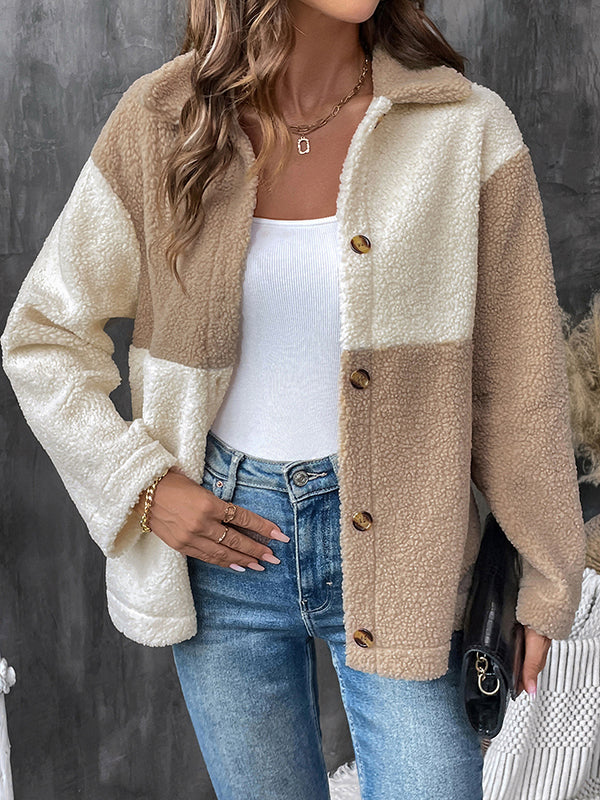 Long Sleeves Loose Buttoned Contrast Color Velvet Lapel Outerwear