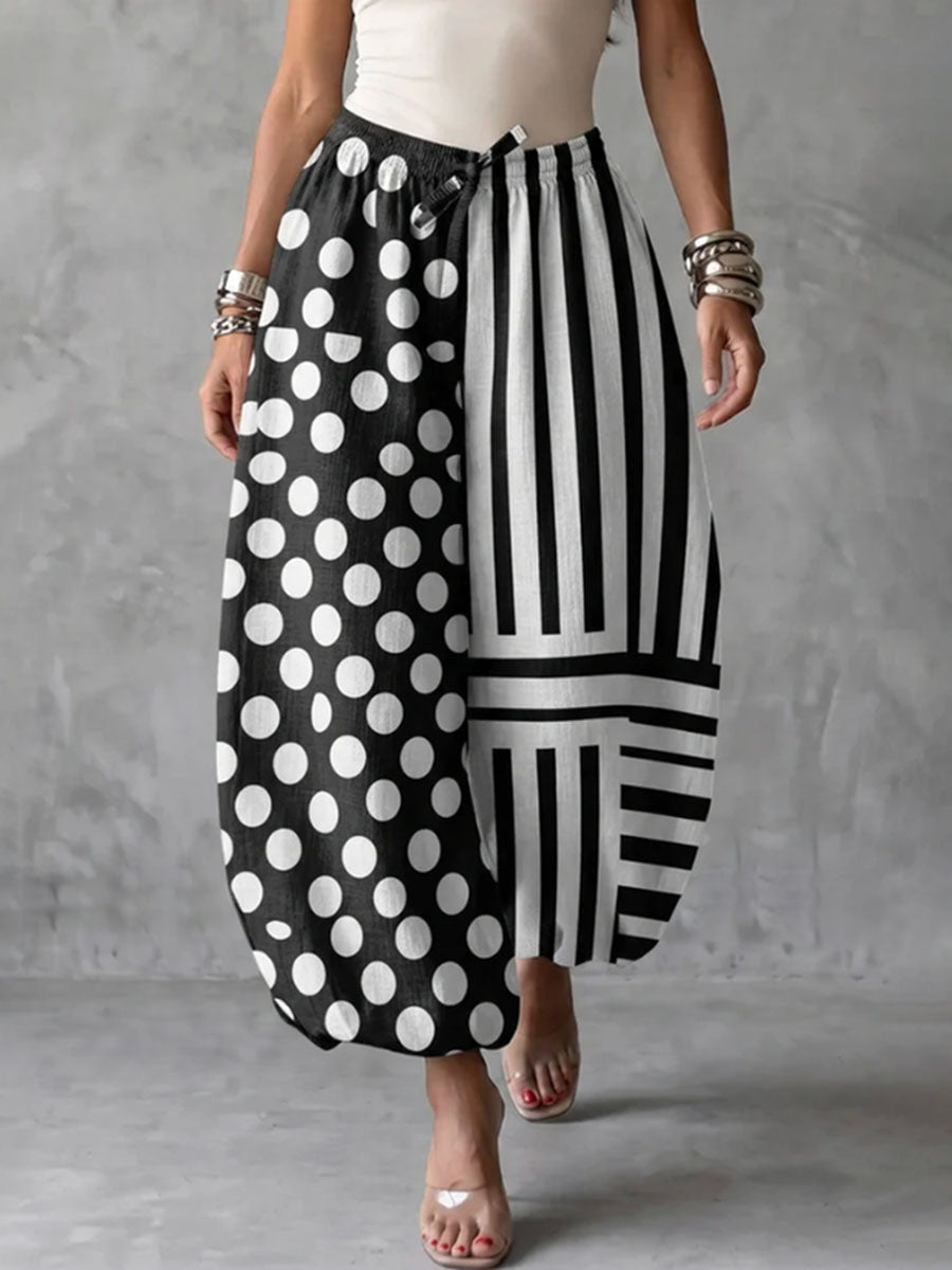 Striped Split-Joint Polka-Dot Pockets Elasticity Drawstring Contrast Color Wide Leg Loose Trousers Pants