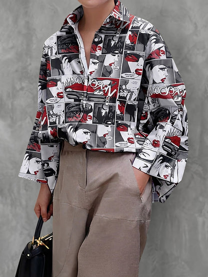 Long Sleeves Loose Buttoned Contrast Color Figure Printed Lapel Blouses&Shirts Tops