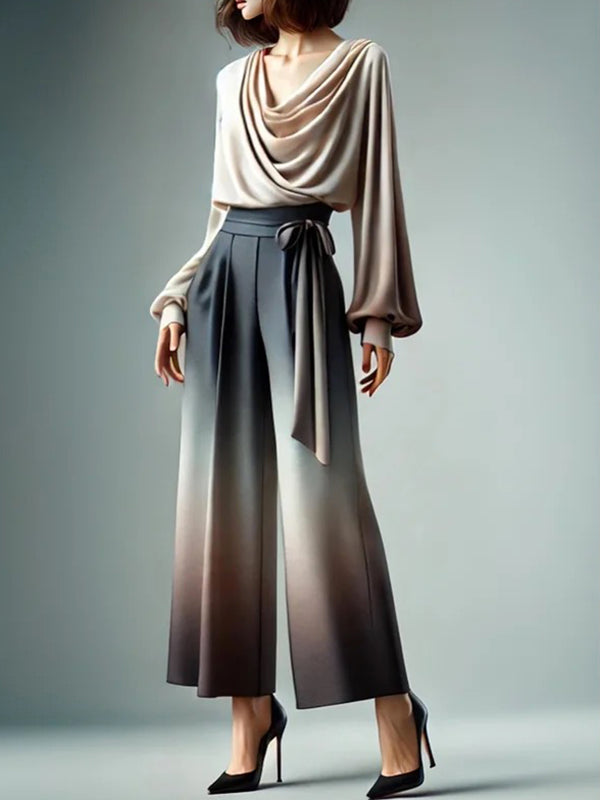 Loose Wide Leg Gradient Tied Waist Casual Pants Bottoms Trousers