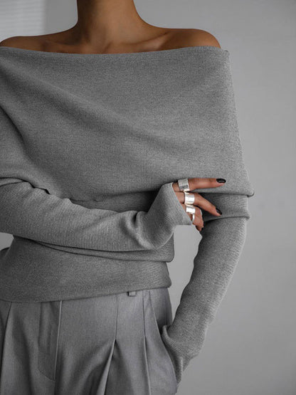 Long Sleeves Loose Solid Color Off-The-Shoulder Pullovers Sweater Tops