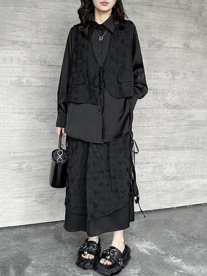 Solid Color Split-Joint Asymmetric Drawstring Flower Print   False Two Lapel Buttoned Pockets Blouses&Shirts Tops + Elasticated Waist Double Layered Skirts Bottoms Two Pieces Set