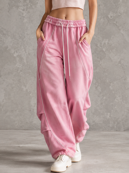High Waisted Wide Leg Drawstring Elasticity Pockets Solid Color Split-Joint Pants Trousers